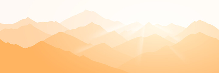 Fantasy on the theme of the morning landscape. Sunrise in the mountains, panoramic view, vector illustration