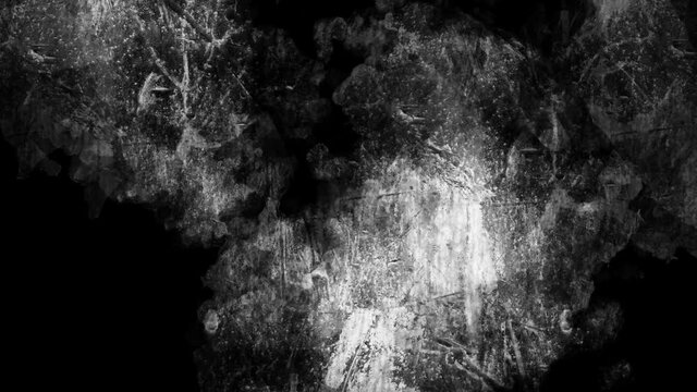 Grunge effect movie white color on black background. Horror film style grain, ink bleed, brush and splash liquid or fluid motion texture. Vintage intro transition dark design.