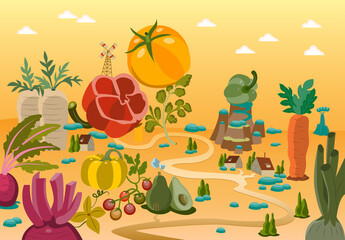 Illustration of an imaginary natural landscape composed of various vegetables such as chili, pumpkin, tomato and this place is so beautiful.