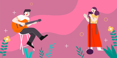 Obraz premium illustration of a boy playing guitar and a girl singing