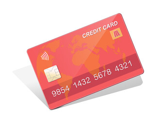 Kreditkarte rosa rot mit Schatten,
Bargeldlos bezahlen, 
Vektor Illustration isoliert auf weißem Hintergrund

