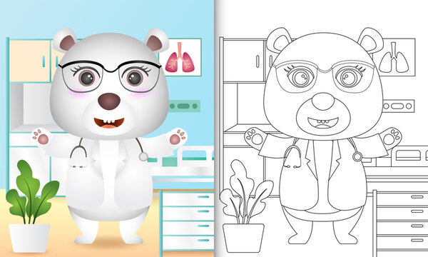 coloring book for kids with a cute polar bear doctor character illustration