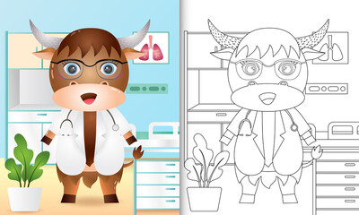 coloring book for kids with a cute buffalo doctor character illustration