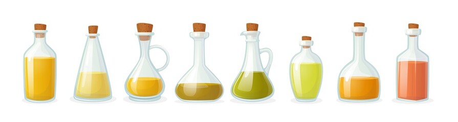 Set of Olive Oil Bottle of Different Shapes Isolated on White Background. Glass Flasks with Short and Long Narrow Neck