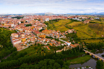 Panoramic view from the drone on the city Soria. Spain