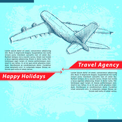 Vector EPS, Travel Agency and Happy Holiday theme background. Hand drawn illustrations of planes on grunge background. All elements are grouped and layered separately. 