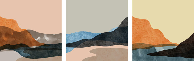 Reihe von abstrakten Berglandschaften im orientalischen Stil. Minimalistisches Design. Abstrakte Wasserfarbe. Vektor-Hintergrund-Illustration. © Kebon doodle