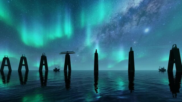 Glass tube hyperloop Modern train concept Ecological future Futuristic network aurora sea 3d render
