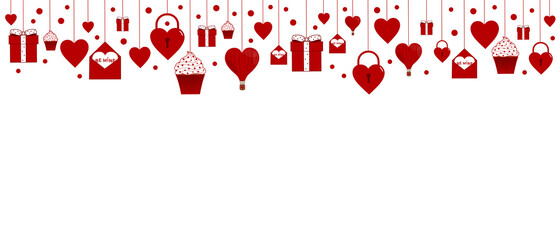 Happy Valentine's day love red elements set banner on white background. Hearts, gifts, cupcakes, locks, balloons. Vector illustration