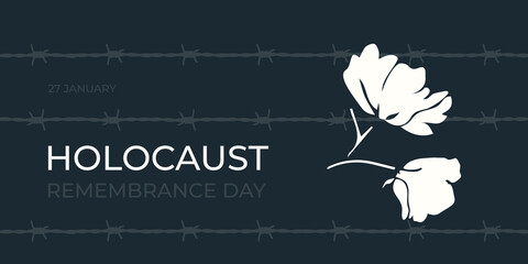 Holocaust Remembrance Day on 27 january. International Day of Commemoration in Memory of the Victims. Barbed wire and flower as a symbol of freedom. - obrazy, fototapety, plakaty