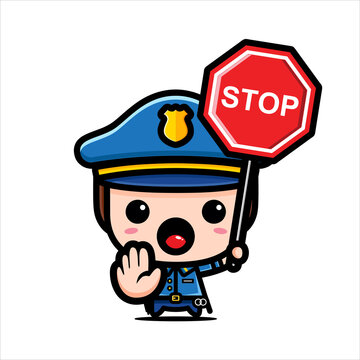 Cute cop character design holding stop sign