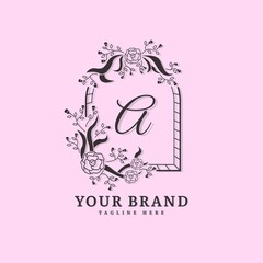 Initial letter A with natural logo vector concept element, letter A logo with floral ornament. Minimalist design logo.
