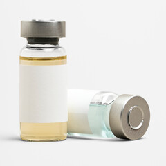 Blank vaccine label on injection glass bottles with colored liquid