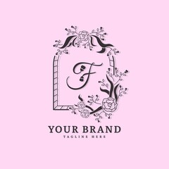 Initial letter F with natural logo vector concept element, letter F logo with floral ornament. Minimalist design logo.