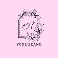 Initial letter H with natural logo vector concept element, letter H logo with floral ornament. Minimalist design logo.