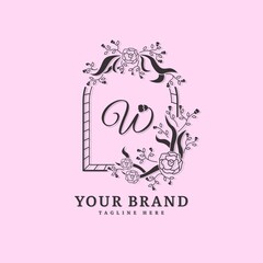 Initial letter W with natural logo vector concept element, letter W logo with floral ornament. Minimalist design logo.