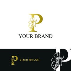 Golden Luxury Initial letter P with February Iris flower for cosmetic, Jewelry, boutique, hotel logo concept vector