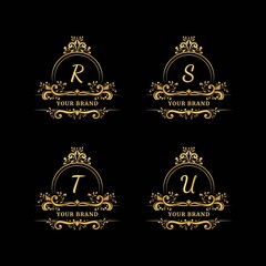 Initial letter R, S, T, U with leaf logo vector concept element, letter R, S, T, U logo with floral ornament. Square natural frame badge.