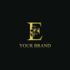 Golden Luxury Initial letter E with February Iris flower for cosmetic, Jewelry, boutique, hotel logo concept vector