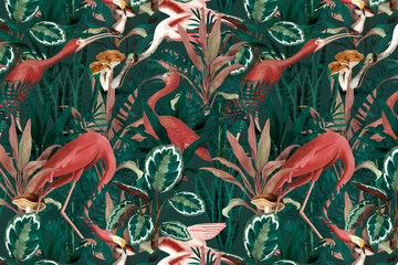 Fototapety  Flamingo pattern background jungle illustration