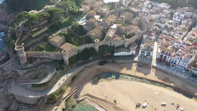 Aerial panoramic view of town Tossa de Mar with fortified medieval walls, Costa Brava, Spain