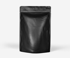 Black Foil plastic pouch coffee bag, 3d rendering isolated on light background. Packaging template mockup, Aluminium coffee or juice package.