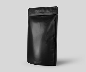 Fototapeta na wymiar Black Foil plastic pouch coffee bag, 3d rendering isolated on light background. Packaging template mockup, Aluminium coffee or juice package.