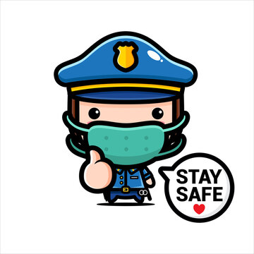 cute police character design wearing a mask against the virus