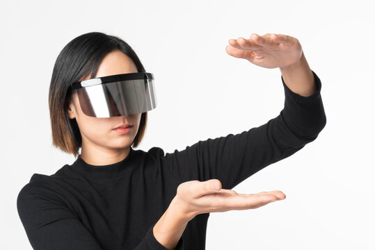 Businessman using vr headset with global communication technology