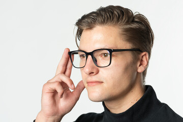 Cool man wearing AR smart glasses futuristic technology