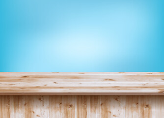 Fototapeta premium Vector wooden deck table top on blurred blue clean background, Display or montage your products