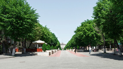 Fototapeta na wymiar The town of Oryol, Russia, the main pedestrian street in summer, green trees, cafes and shops, walking people.