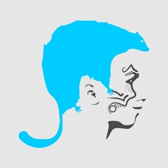 An animal or face profile view. Optical illusion. Human head with abstract rodent as haircut