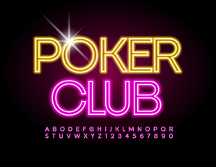 Vector electric logo Poker Club. Pink Glowing Font. Creative Neon Alphabet Letters and Numbers set