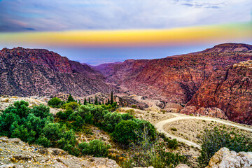 Jordan, beautiful sunrise over the canyon of the Dana Biosphere Reserve. 