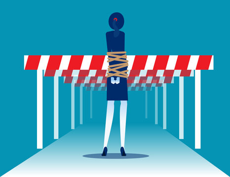 Bound by a rope to body and obstacle on the way forward. Forced to face obstacles