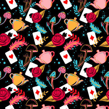 Alice In Wonderland Seamless Pattern With Mushrooms, Roses, Teapot And Playing Cards