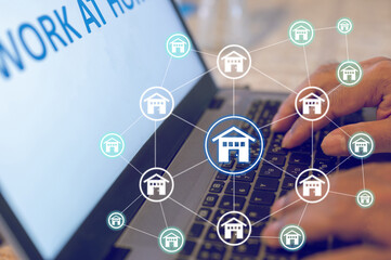 People is working on notebook computer with home network icon that represent the communication for new narmal workplace.
