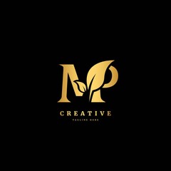 Initial letter MP with leaf logo vector concept element, letter MP logo with organic leaf