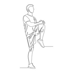 Continuous line drawing of man warmimg up before running vector. Man lifting the left knee up and using both hands to support knee,bring close to the chest as much as possible