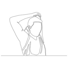 Continuous drawing line of a man stretching his arm by lifting elbow over his head and pull back as much as possible
