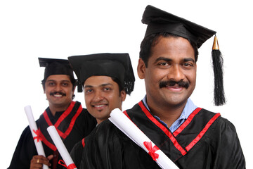 Indian graduates isolated on white background.