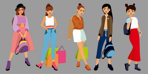 Set of character fashion style young girls, women different clothes, with bag, shoping package, backpack. Students girl in dress, pants, skirt, jacket, blouse, hat. Front view flat vector illustration