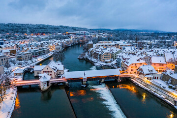 old woddenbridge in snow 