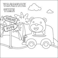 Happy Animal travels by car. Cartoon isolated vector illustration, Creative vector Childish design for kids activity colouring book or page.