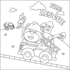 Fire rescue team with funny firefighter, vector cartoon, Cartoon isolated vector illustration, Creative vector Childish design for kids activity colouring book or page.