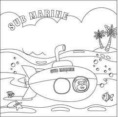 Submarine with cute sailor under sea,  with cartoon style Childish design for kids activity colouring book or page.