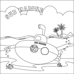 Submarine with cute sailor under sea,  with cartoon style Childish design for kids activity colouring book or page.