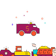 Money transportation truck filled line vector icon, simple illustration, special transport related bottom border.