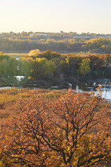 Naklejka na ściany i meble Sunset over the banks of the mighty Mississippi River during fall between Minneapolis and St Paul MN